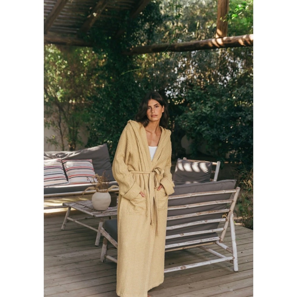 Amour Linen Mustard Waffle Knit Hooded Robe Linen Cotton Blend Mustard Medium